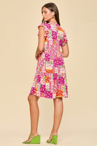 Magenta Patchwork Tiered Dress