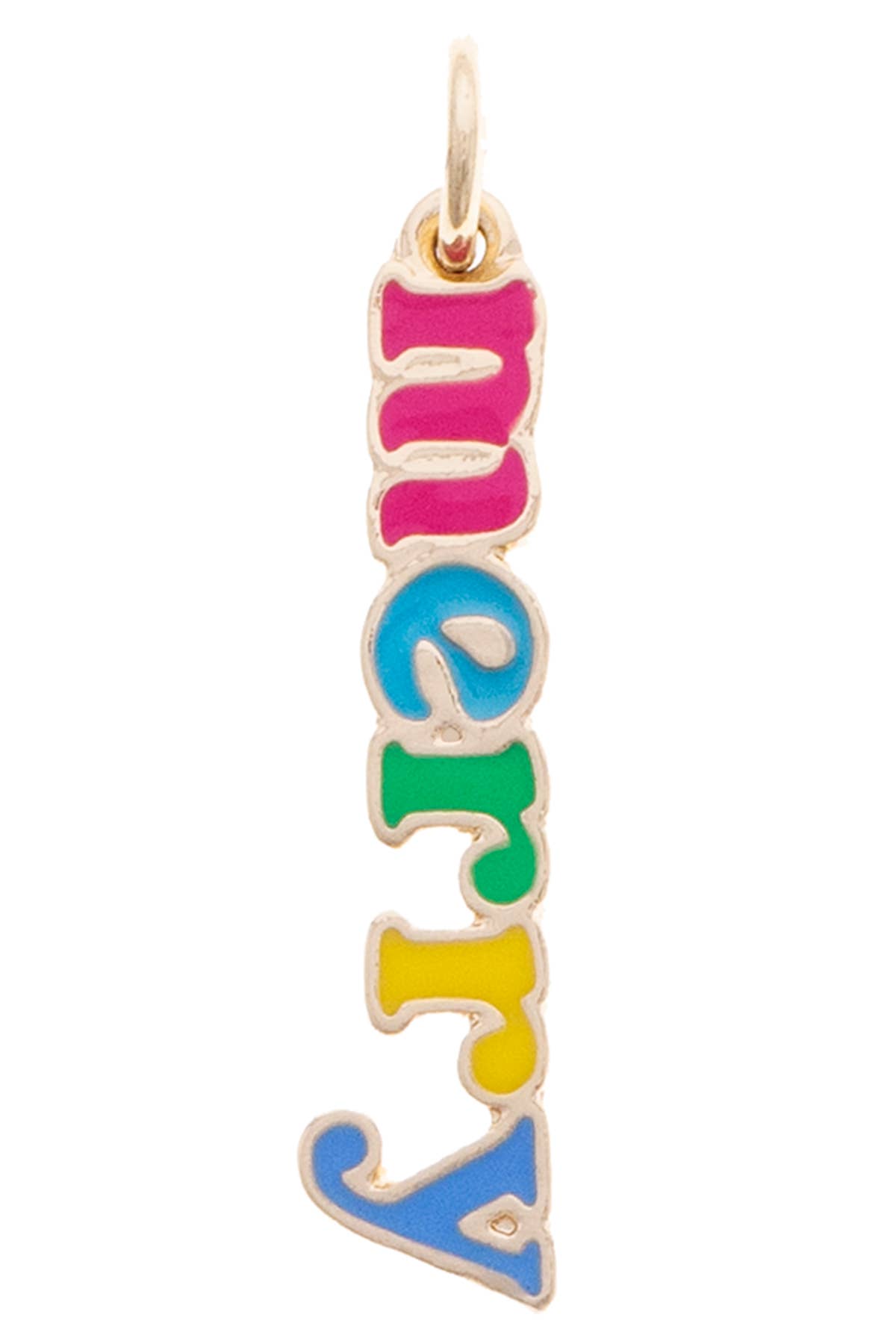 Colorful enamel “Merry” Christmas charm in shiny gold with pink, blue, green, and yellow letters