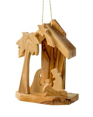 Mini olive wood nativity ornament with palm tree handcrafted in Bethlehem featuring the Holy Family.