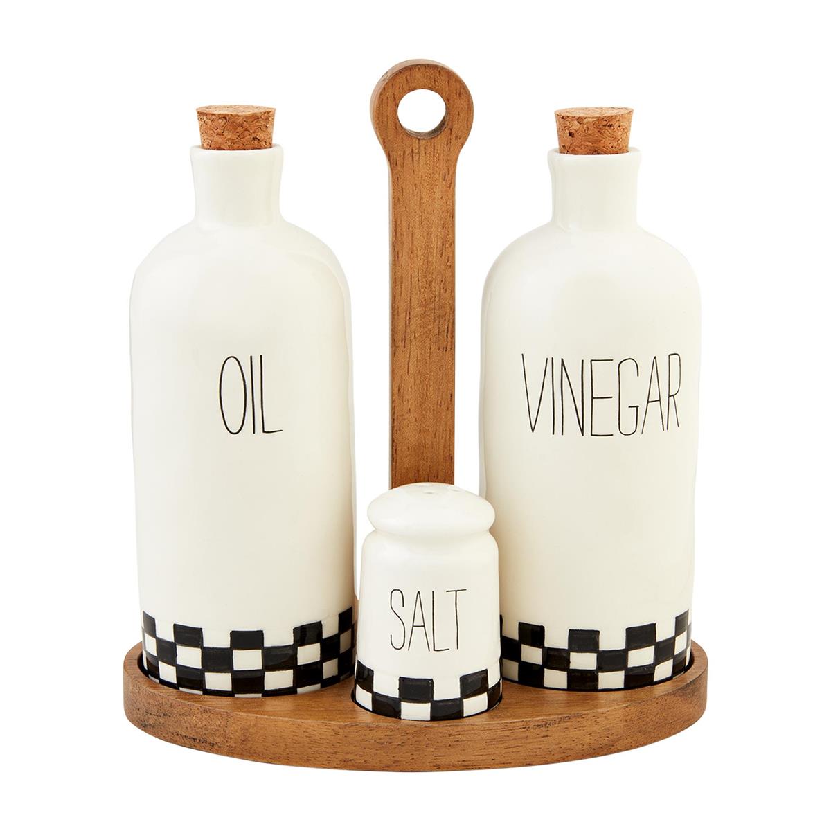 Mud Pie Checkered Oil & Vinegar Caddy Set with hand-painted ceramic bottles, salt shaker, and wooden caddy — farmhouse kitchen décor from The Pink Doxie Boutique.
