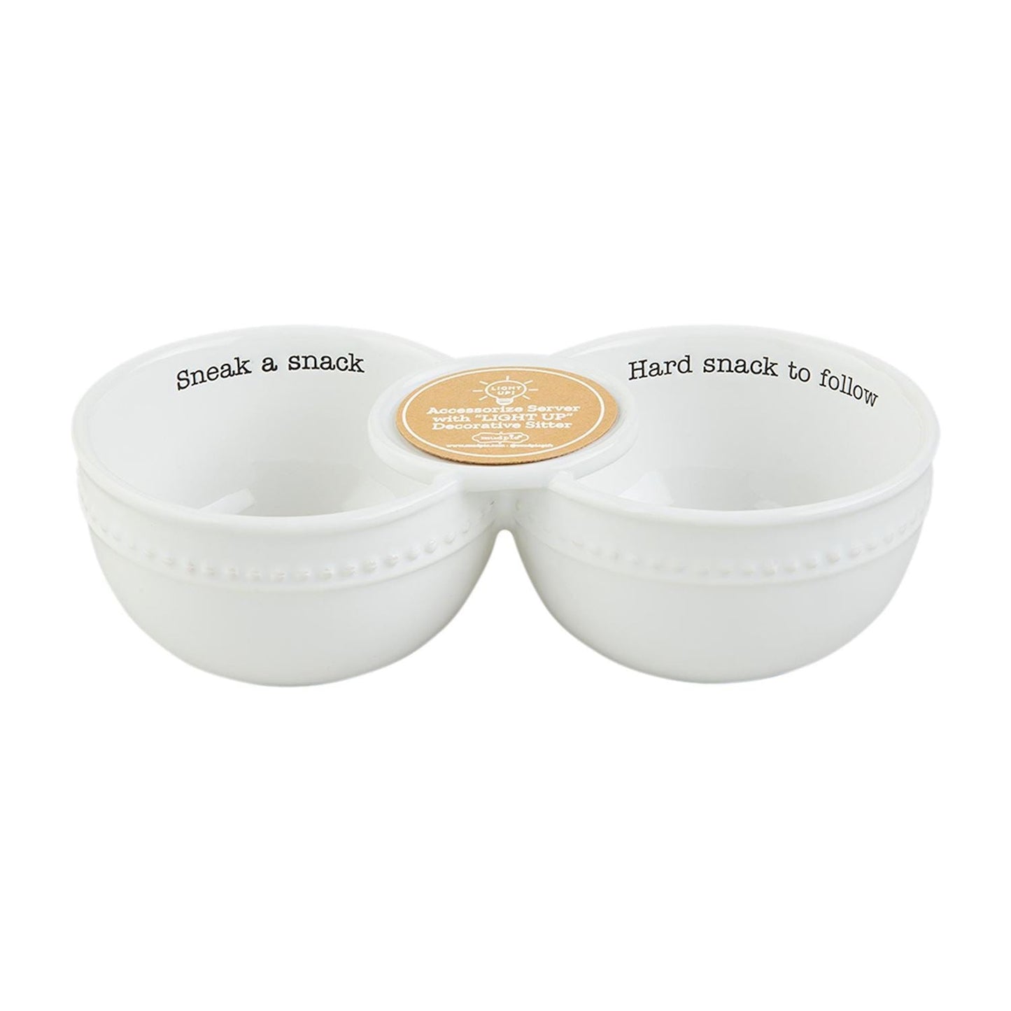 Mud Pie Double Dip Bowl with “Sneak a Snack” and “Hard Snack to Follow” sentiments — white ceramic dip server from The Pink Doxie Boutique.