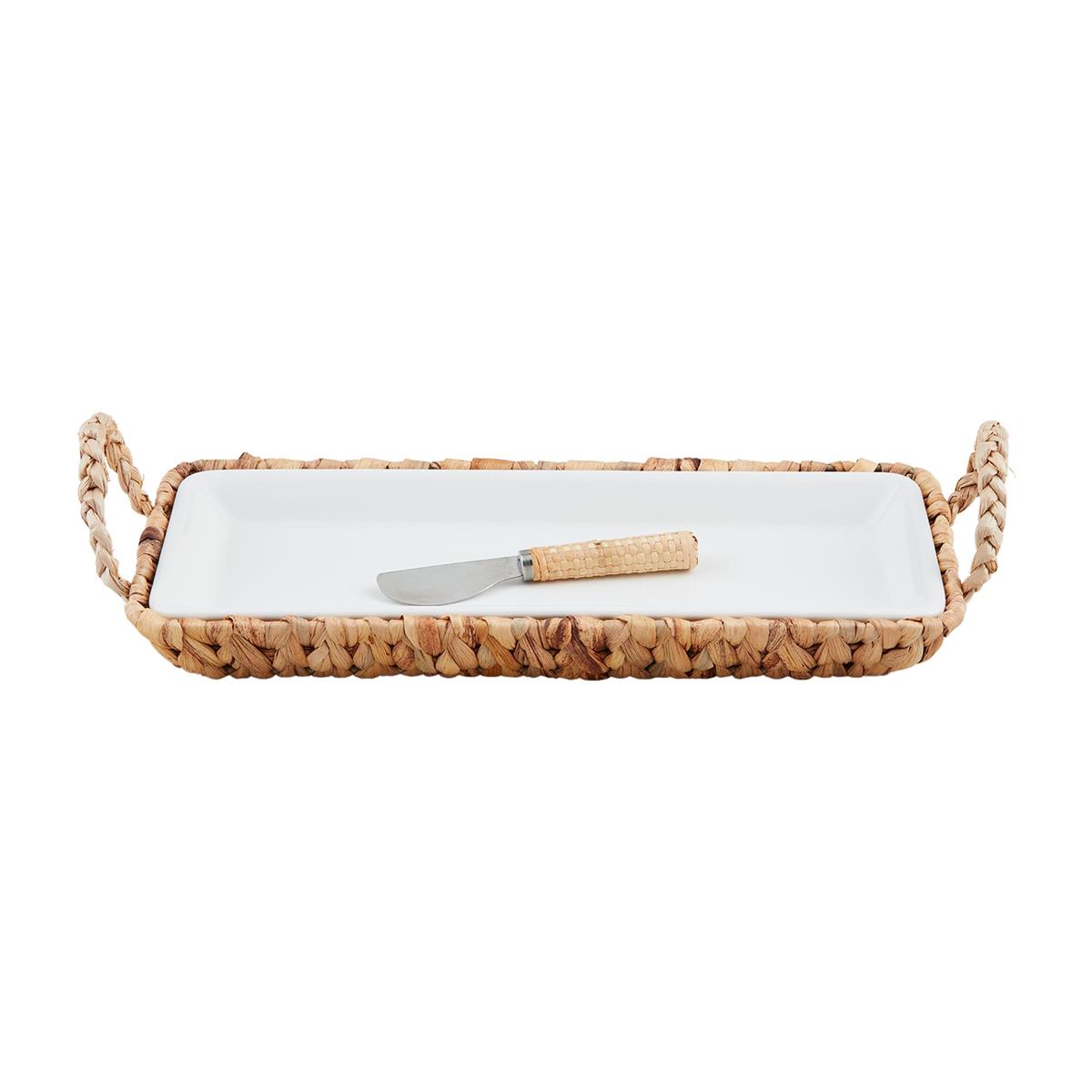 Mud Pie Hyacinth Woven Hostess Tray Set with ceramic tray and rattan-wrapped spreader — elegant 3-piece serveware from The Pink Doxie Boutique.