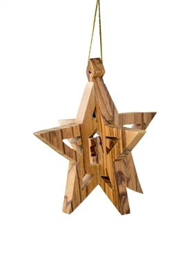 Handcrafted olive wood 3D star ornament featuring a nativity scene, made in Bethlehem.