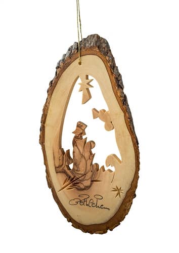 Handcrafted olive wood bark slice nativity ornament with engraved Bethlehem detail, made in the Holy Land.