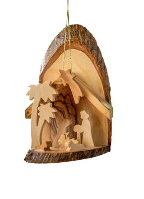 Handcrafted olive wood bark slice nativity ornament with palms, made in Bethlehem by the Giacaman Family.