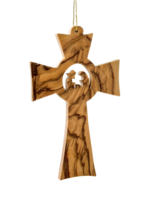 Handcrafted olive wood cross ornament featuring the Holy Family design, made in Bethlehem.