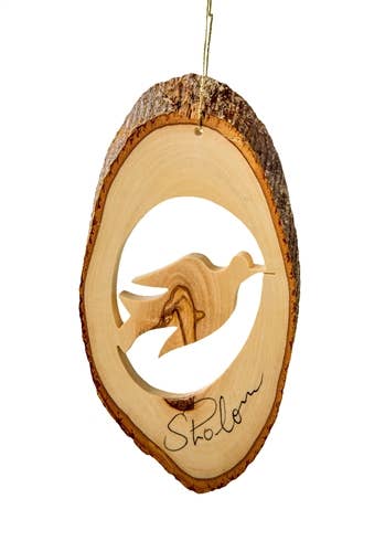 Handcrafted olive wood bark slice ornament featuring a dove and the word Shalom, made in Bethlehem.