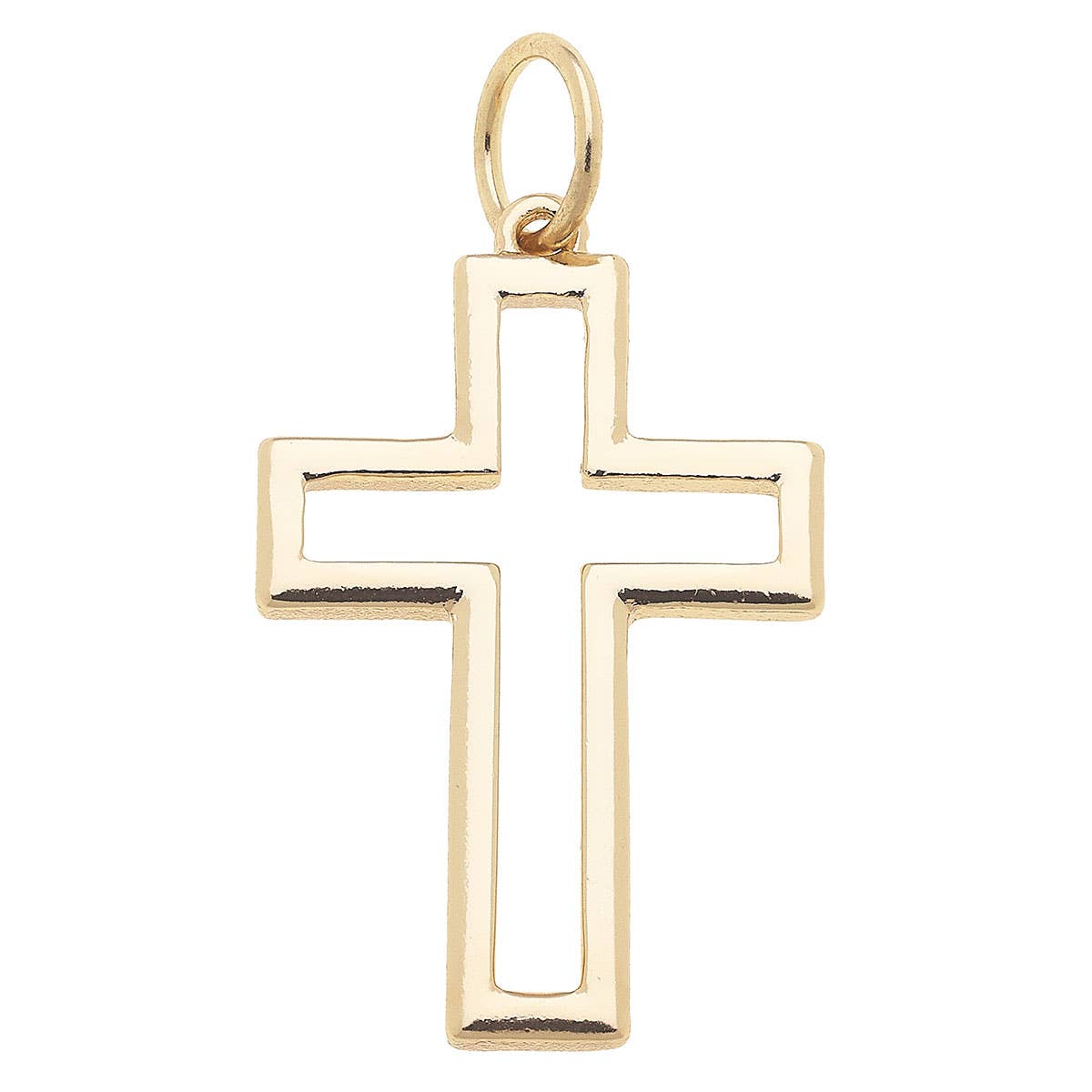 Gold open cross charm with polished finish and modern design.