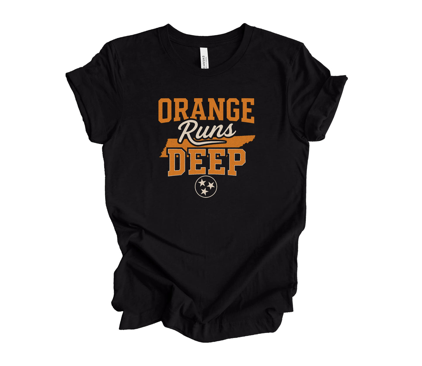 Rep your Tennessee roots in style with our Orange Runs Deep shirt! Featuring varsity lettering, state silhouette, and the iconic Tri-Star — the perfect tee for true Volunteer fans.