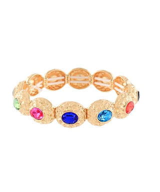 Multi-Color Oval Gemstone Stretch Bracelet – Textured Hammered Gold