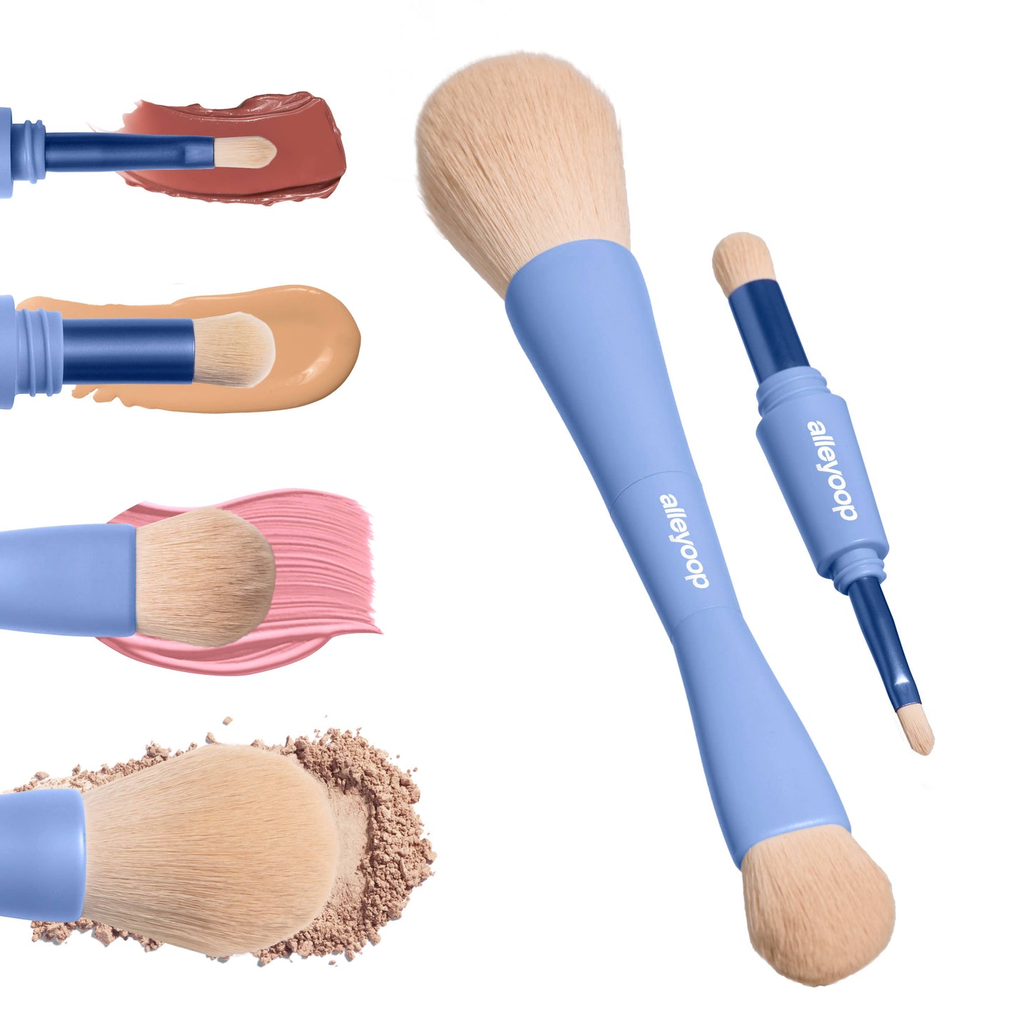 Alleyoop Overachiever 4-in-1 makeup brush with powder, blending, precision, and complexion heads in soft blue handle.