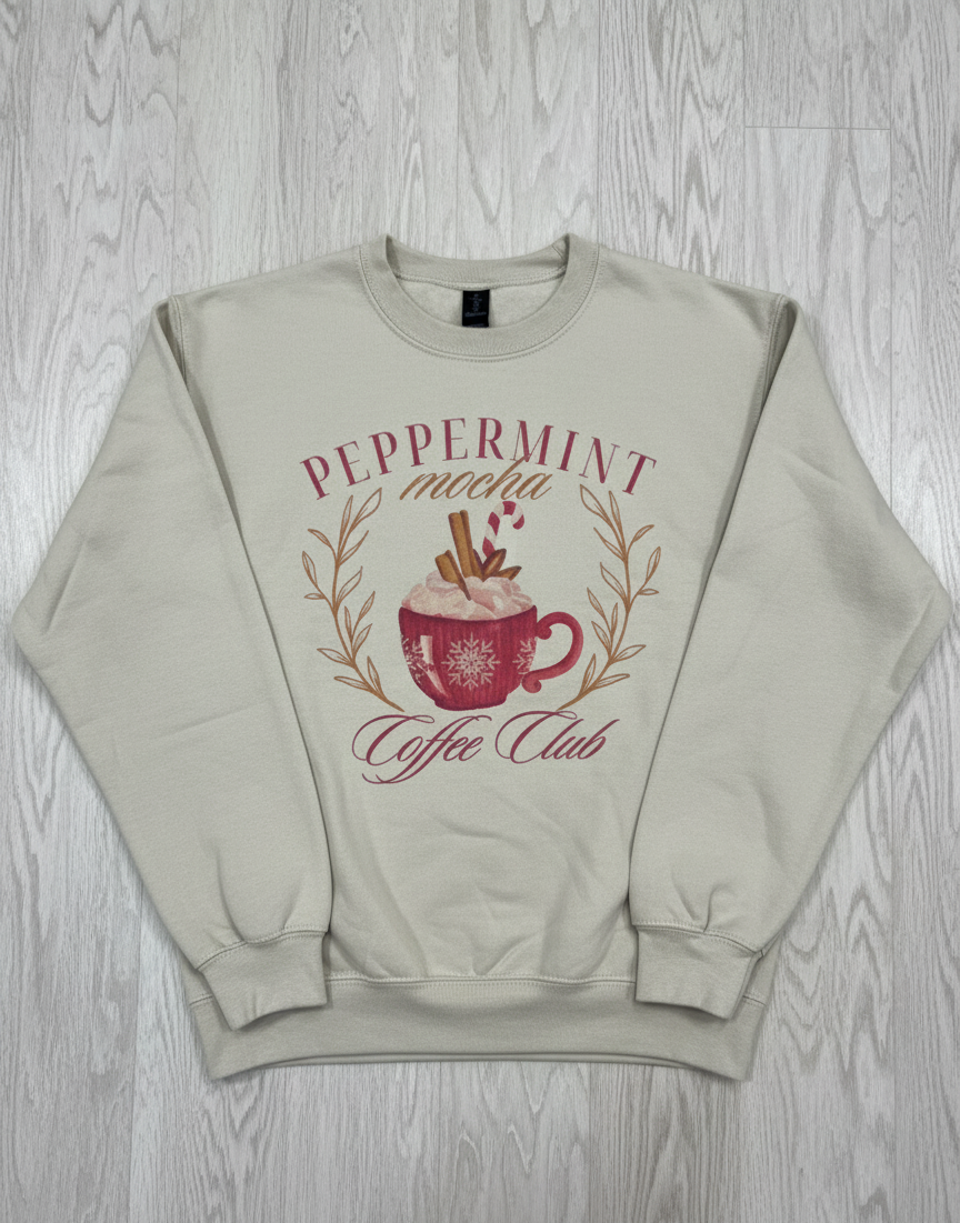 Beige Peppermint Mocha Social Club sweatshirt with red coffee mug design – The Pink Doxie Boutique