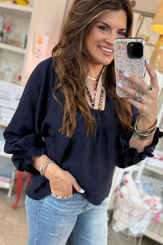 Navy Contrast Leopard Patchwork Collar Flounce Sleeve Blouse – Plus Size