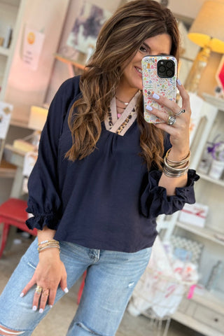 Navy Contrast Leopard Patchwork Collar Flounce Sleeve Blouse – Plus Size