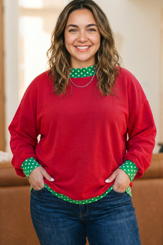 Plus Size Red Polka Dot Patchwork Sweatshirt