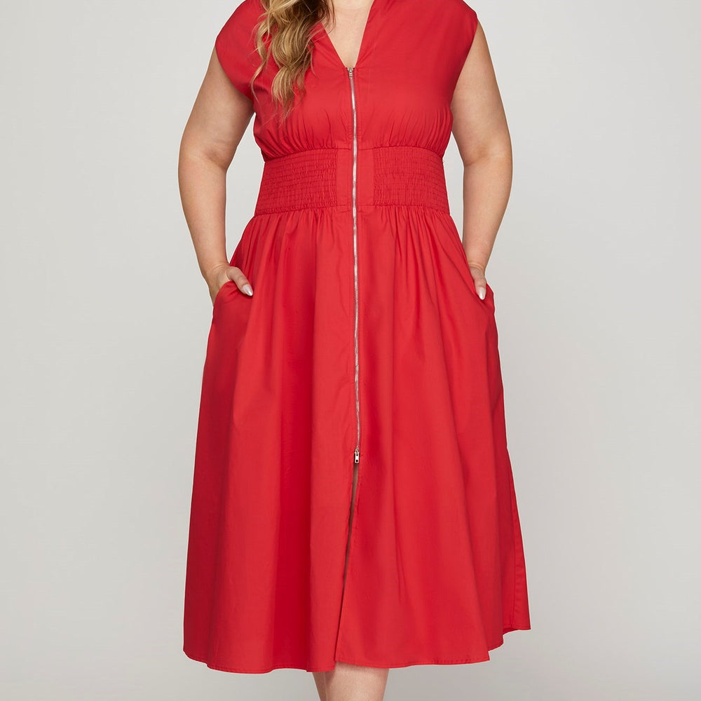 Smocked Waist Zip Midi Dress - Dress