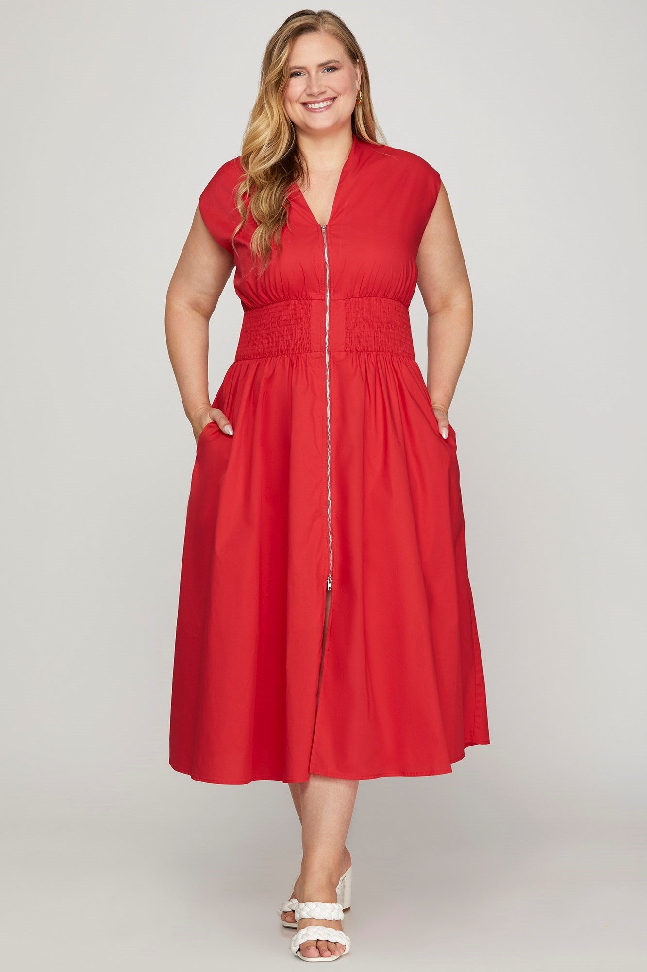 Smocked Waist Zip Midi Dress - Dress