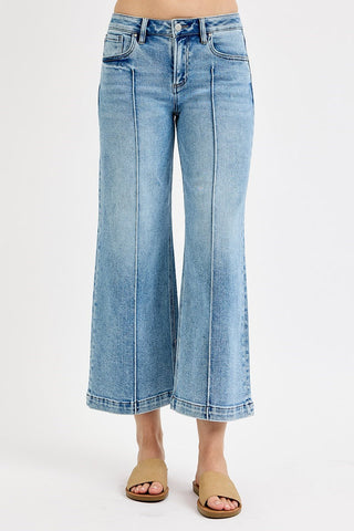 Pintuck Wide-Leg Cropped Jeans | Mid-Rise Stretch Denim