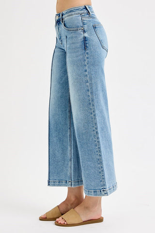 Pintuck Wide-Leg Cropped Jeans | Mid-Rise Stretch Denim