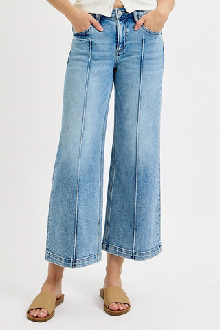 Pintuck Wide-Leg Cropped Jeans | Mid-Rise Stretch Denim