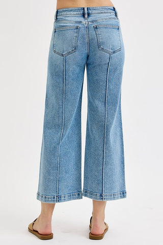 Pintuck Wide-Leg Cropped Jeans | Mid-Rise Stretch Denim
