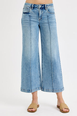 Pintuck Wide-Leg Cropped Jeans | Mid-Rise Stretch Denim