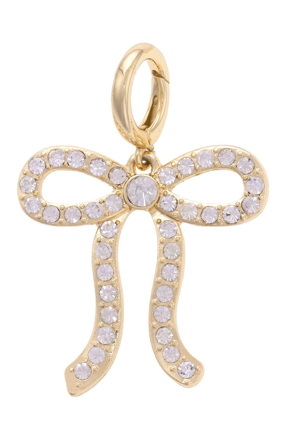 Gold bow charm pendant with rhinestone pavé design.