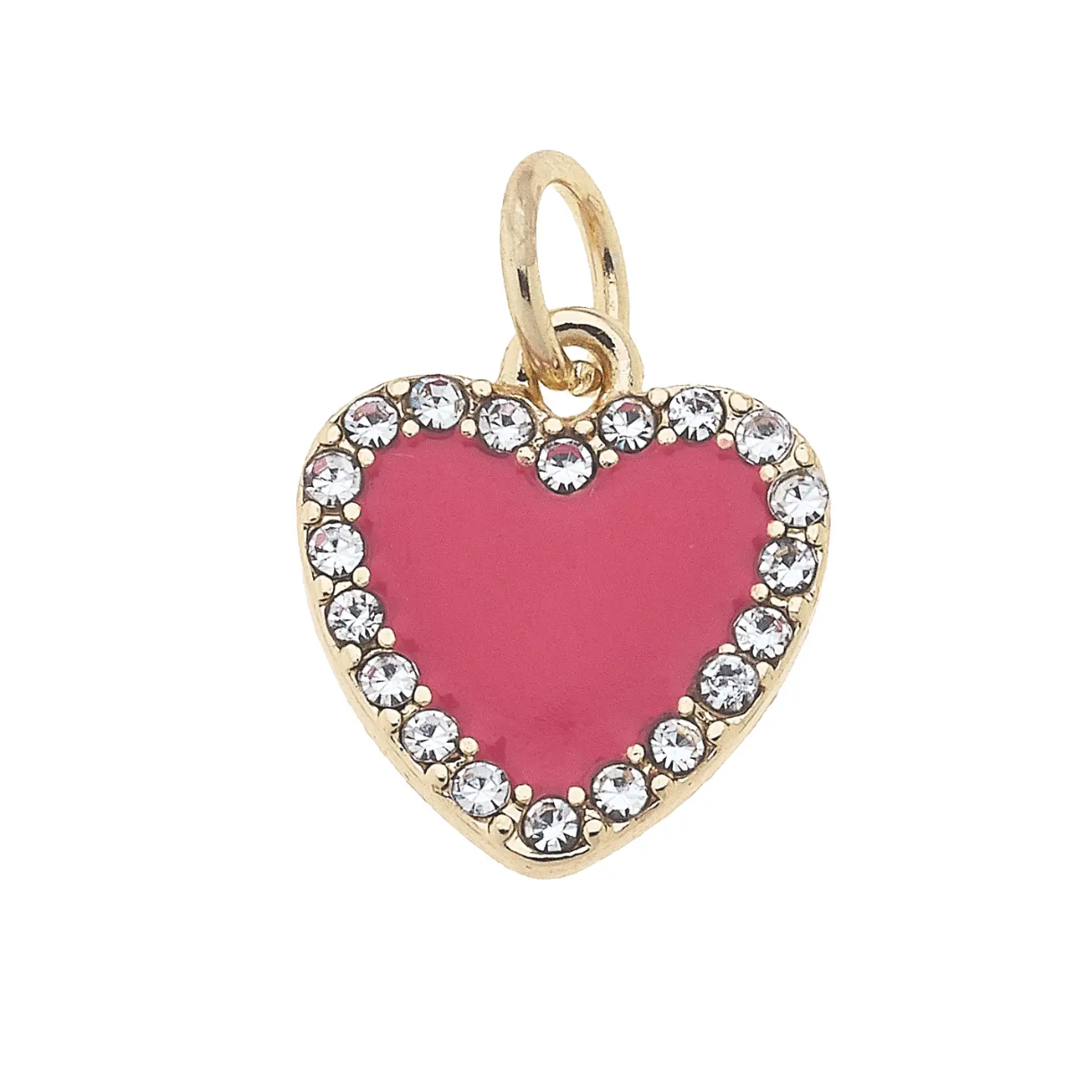Heart-shaped pendant with pink center and gold and crystal trim on a white background