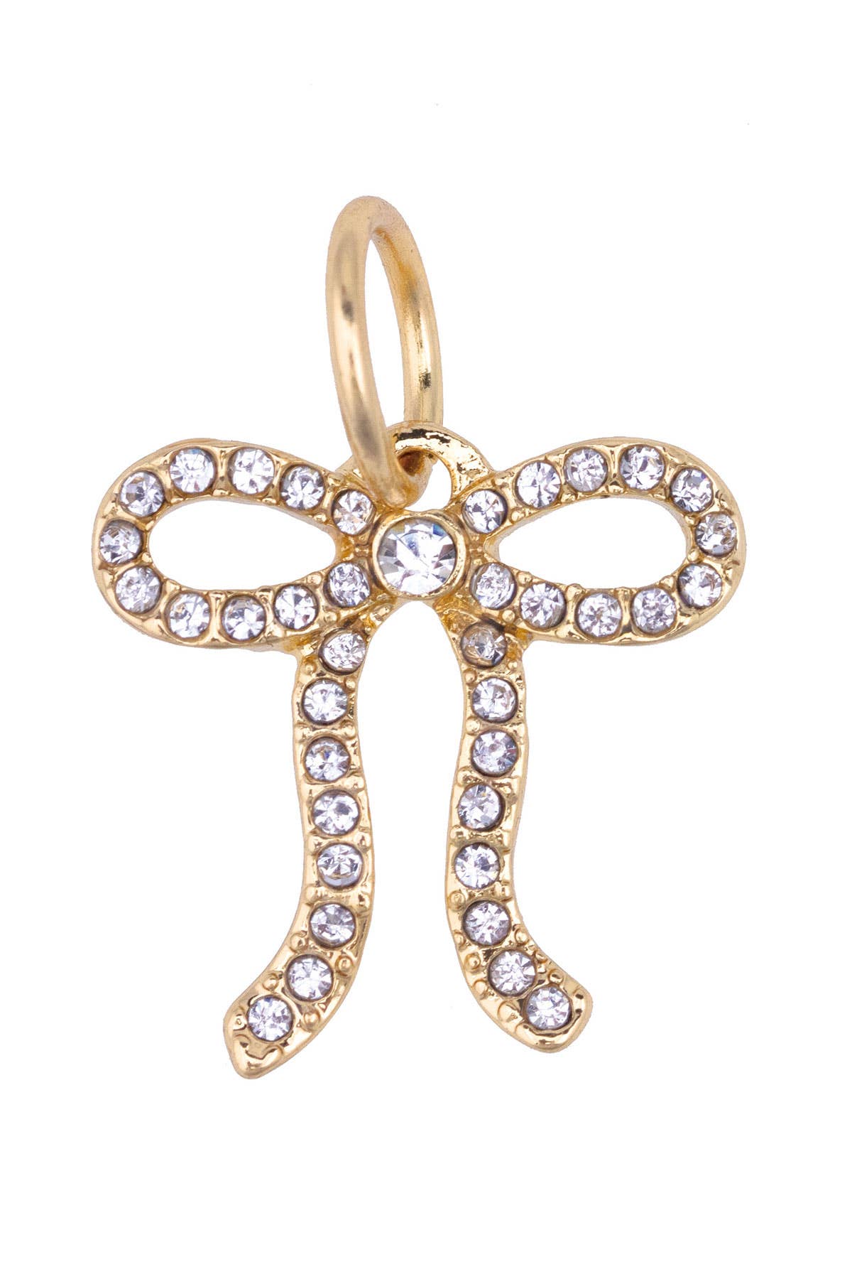 Gold bow charm with pavé rhinestones in a looped ribbon design.