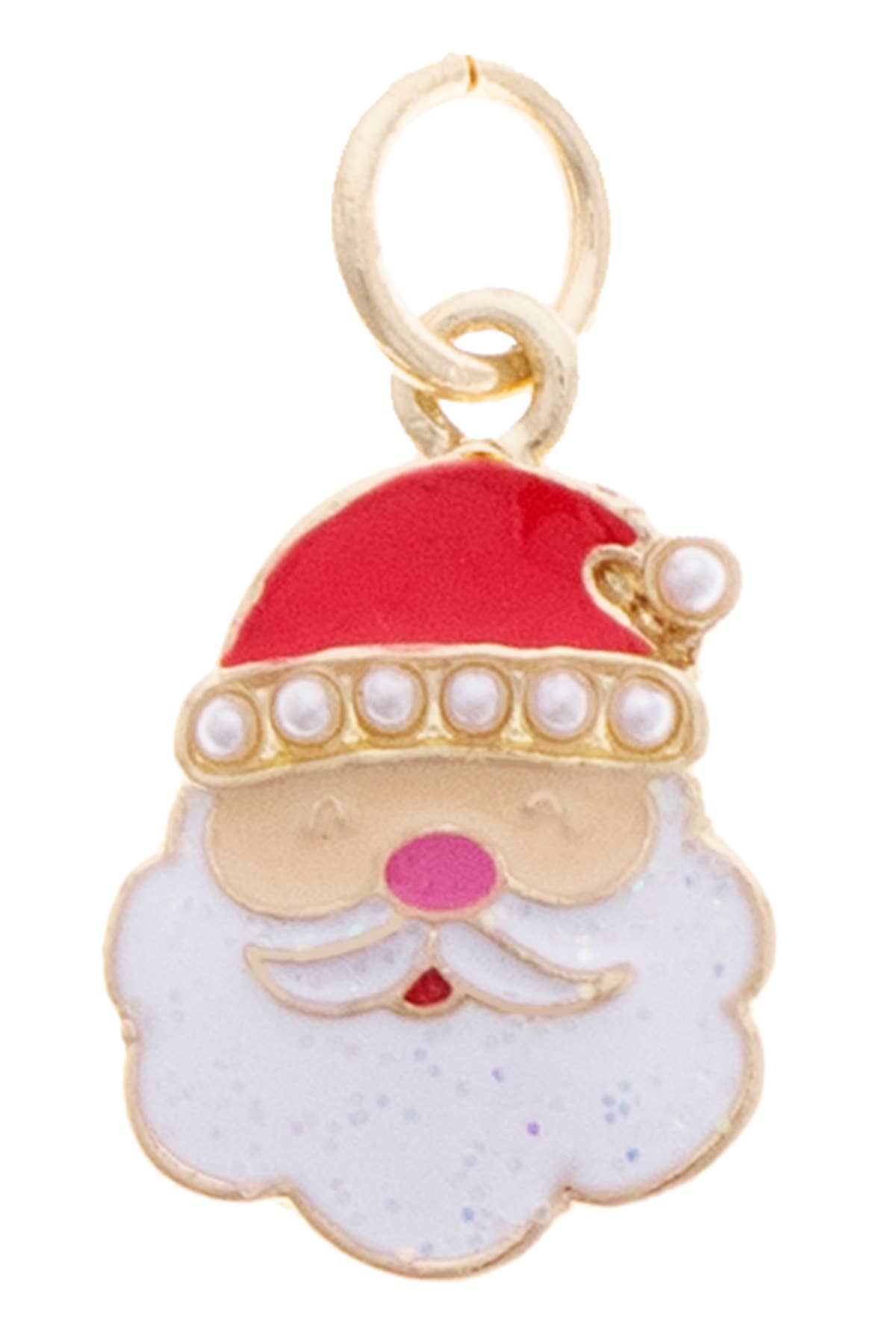 Santa face charm with red and white enamel, pearl accents, and shiny gold trim.