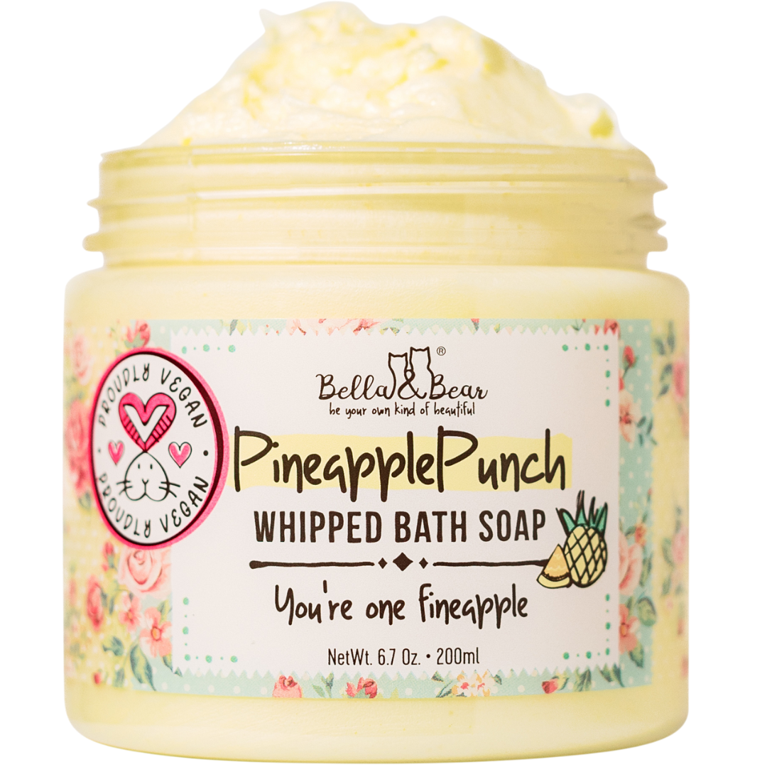 Bella & Bear Pineapple Punch Whipped Bath Soap in yellow jar with floral label and tropical pineapple scent.