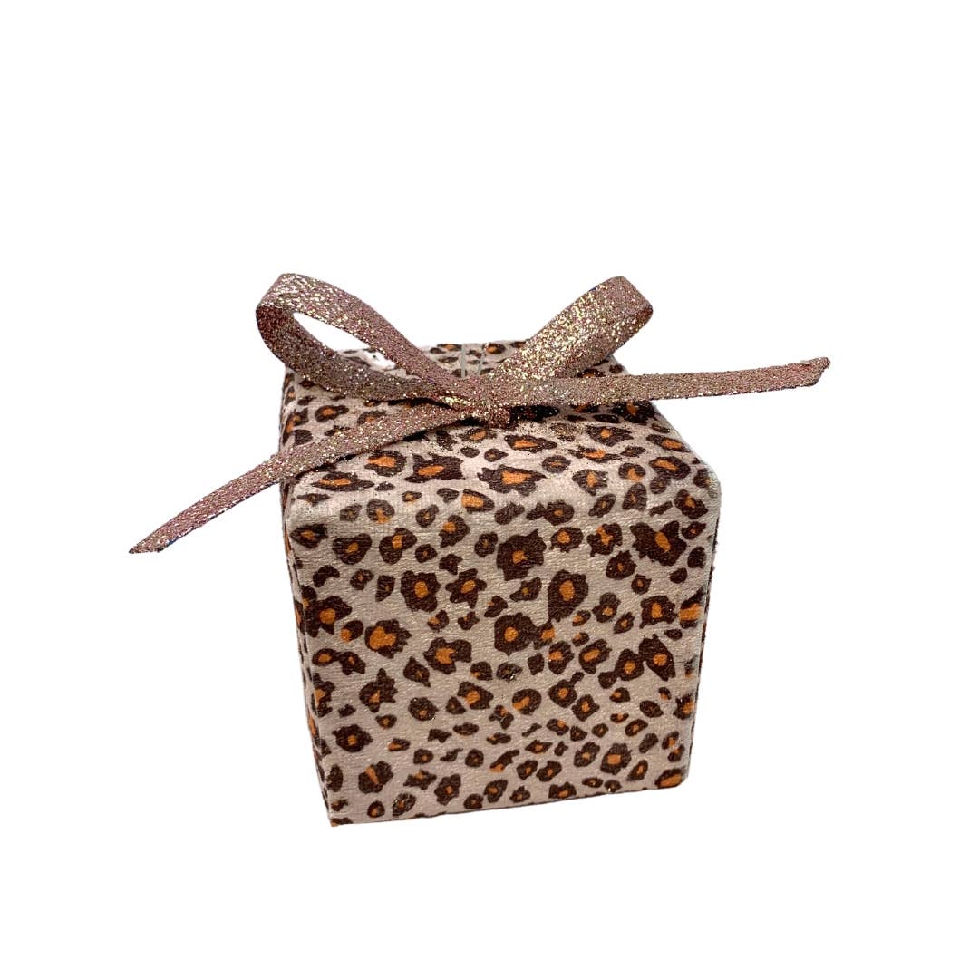 Pink leopard print gift box ornament with glitter bow, 3.75 inches.