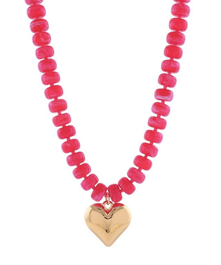 Hot Pink Acetate Puffy Heart Rondelle Necklace