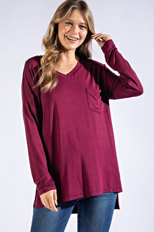 Plus Size High-Low Long Sleeve V-Neck Top with Pocket and Side Slit