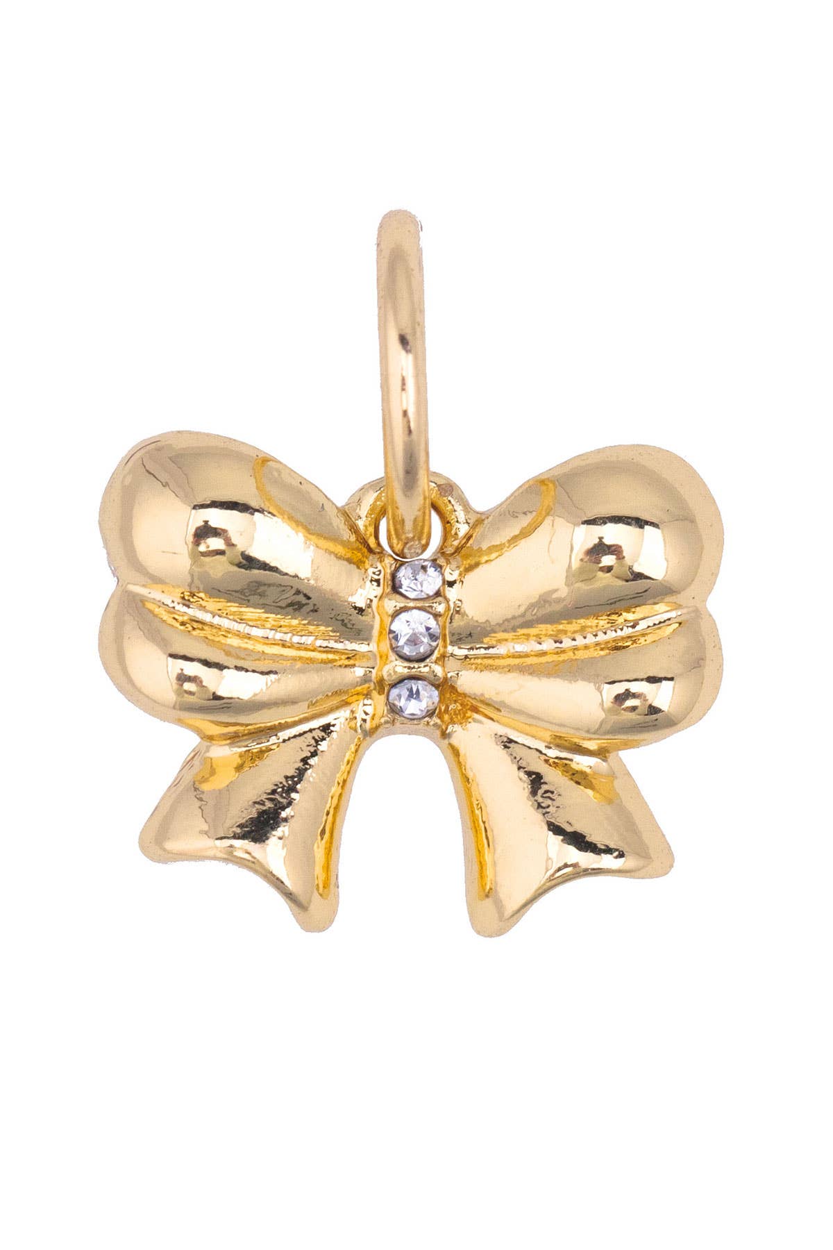 Shiny gold bow charm with rhinestone accents.