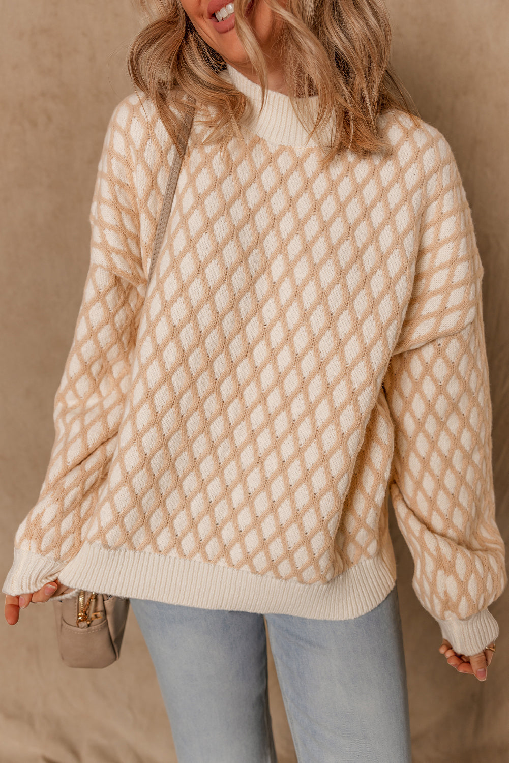 Neutral rhombus textured knit mock neck sweater with relaxed fit and drop shoulders – The Pink Doxie Boutique