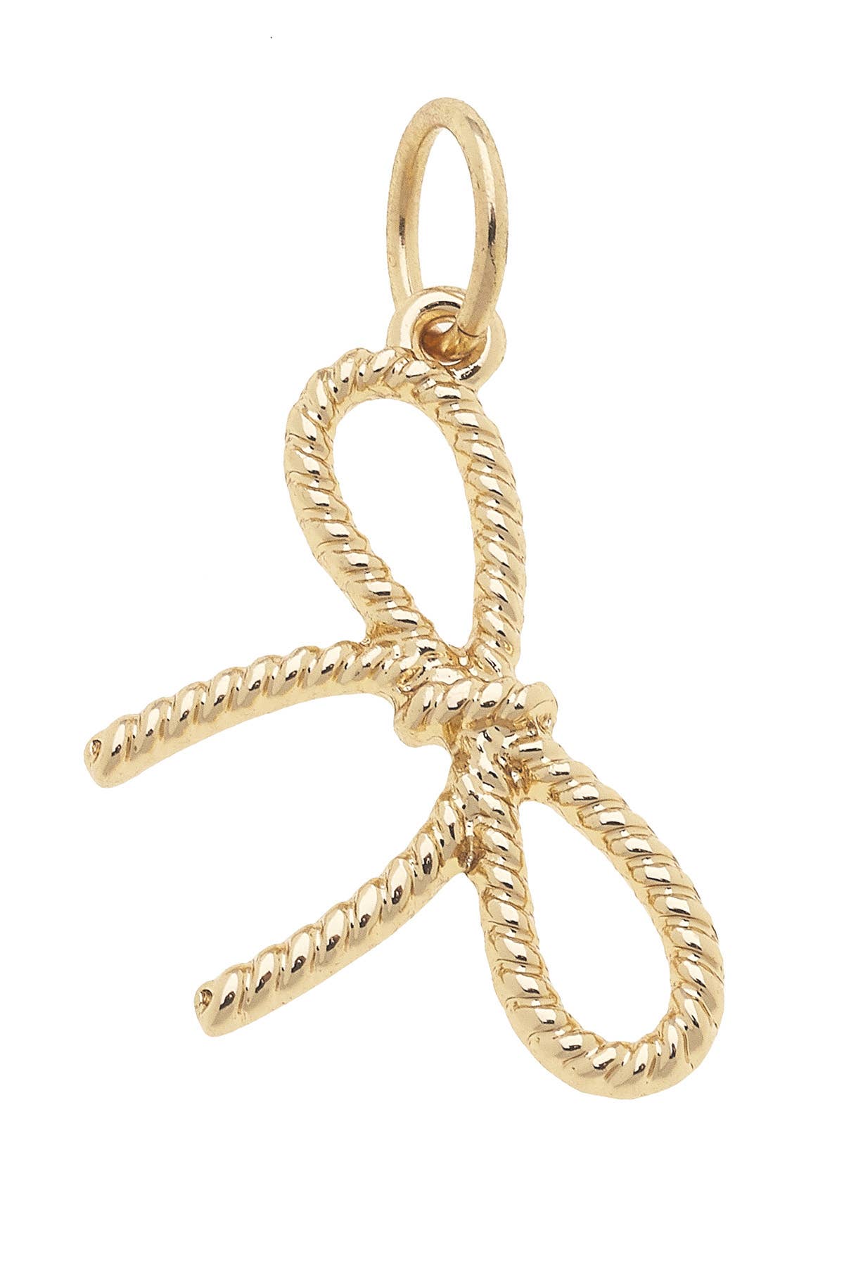 Gold rope bow charm with twisted detailing and shiny finish, dainty and elegant design.