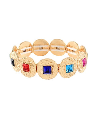Hammered Gold & Multi-Gemstone Stretch Statement Bracelet