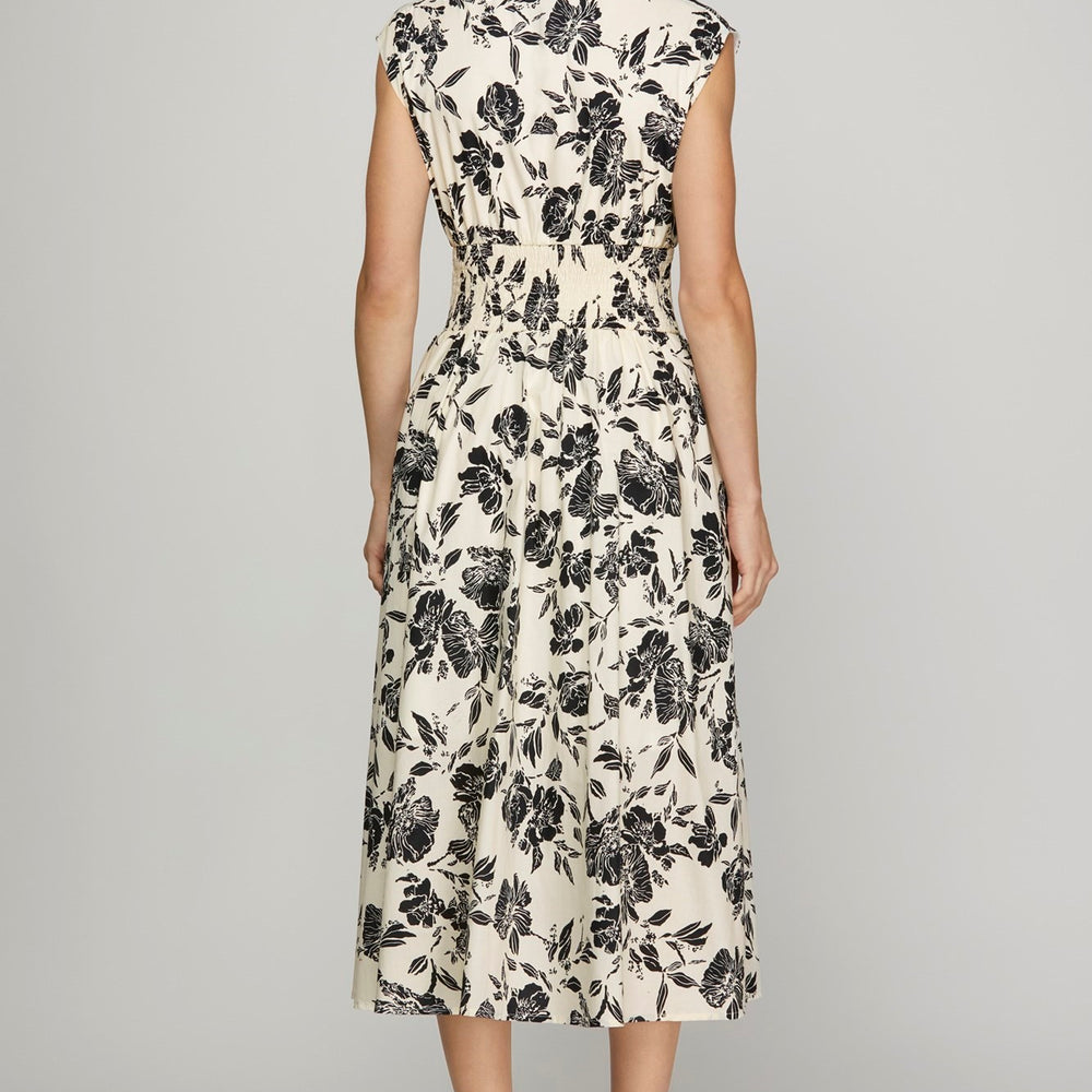 Drop Shoulder Smocked Waist Front Zip Printed Midi Dress - Dress