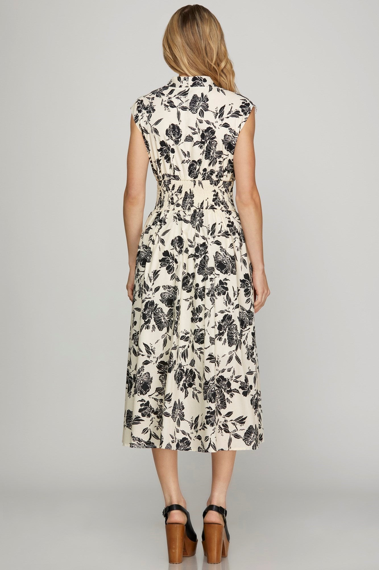 Drop Shoulder Smocked Waist Front Zip Printed Midi Dress - Dress