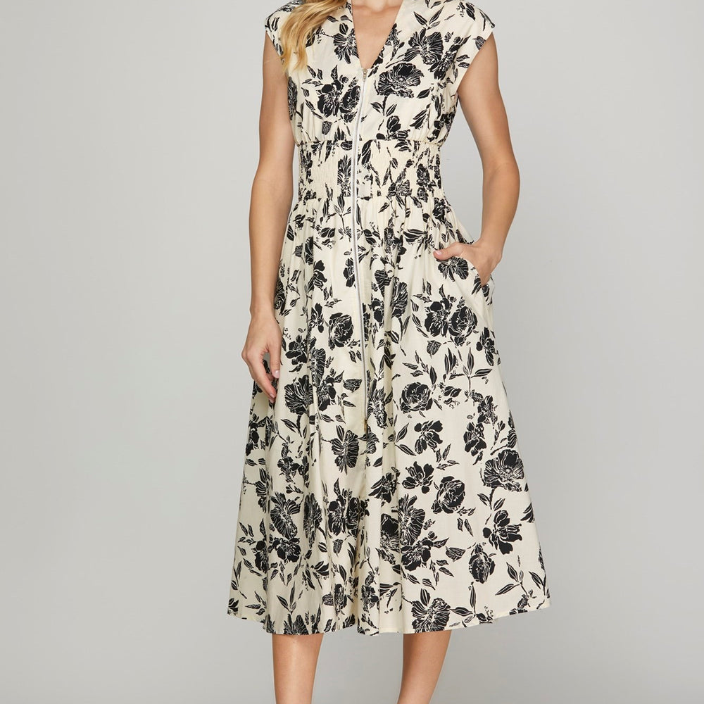 Drop Shoulder Smocked Waist Front Zip Printed Midi Dress - Dress