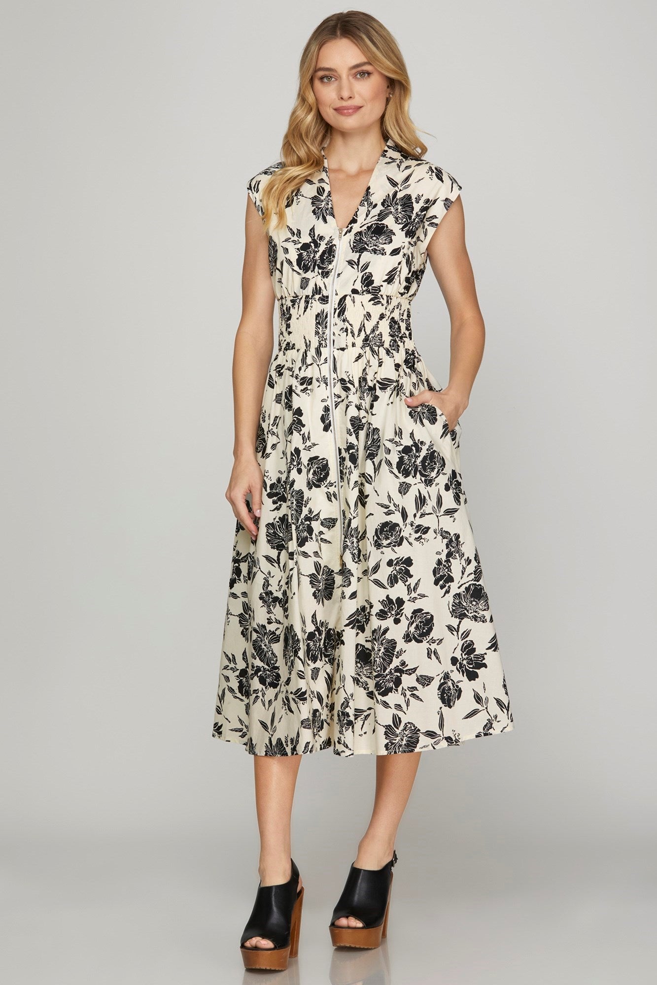 Drop Shoulder Smocked Waist Front Zip Printed Midi Dress - Dress