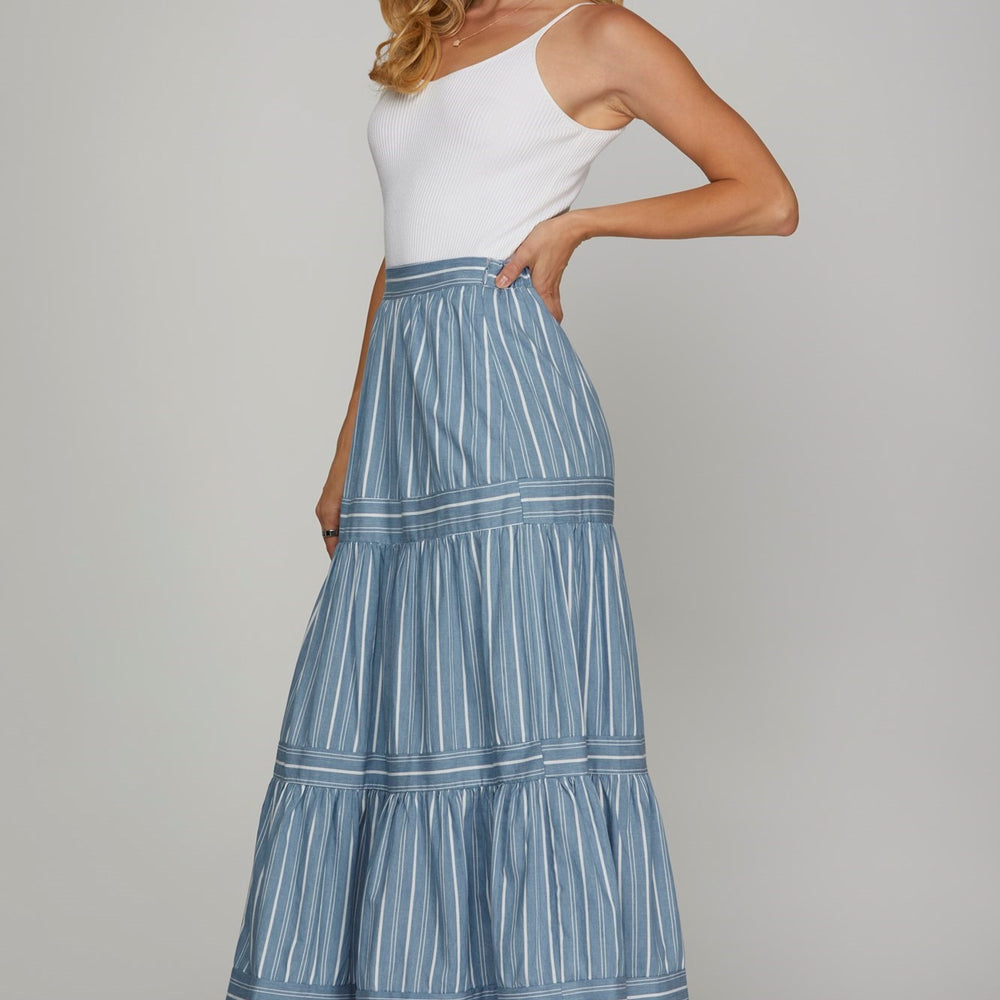 Denim Stripe Midi Skirt with Pockets - Dress
