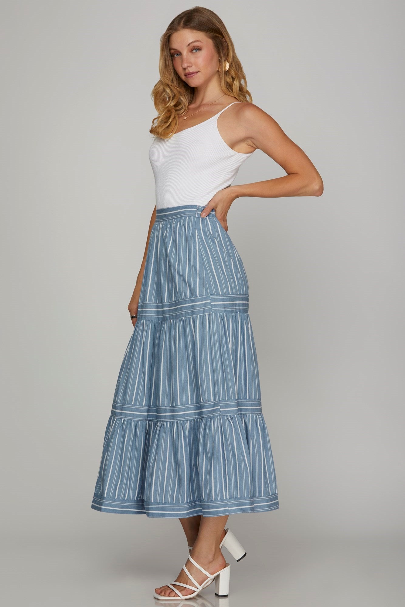Denim Stripe Midi Skirt with Pockets - Dress