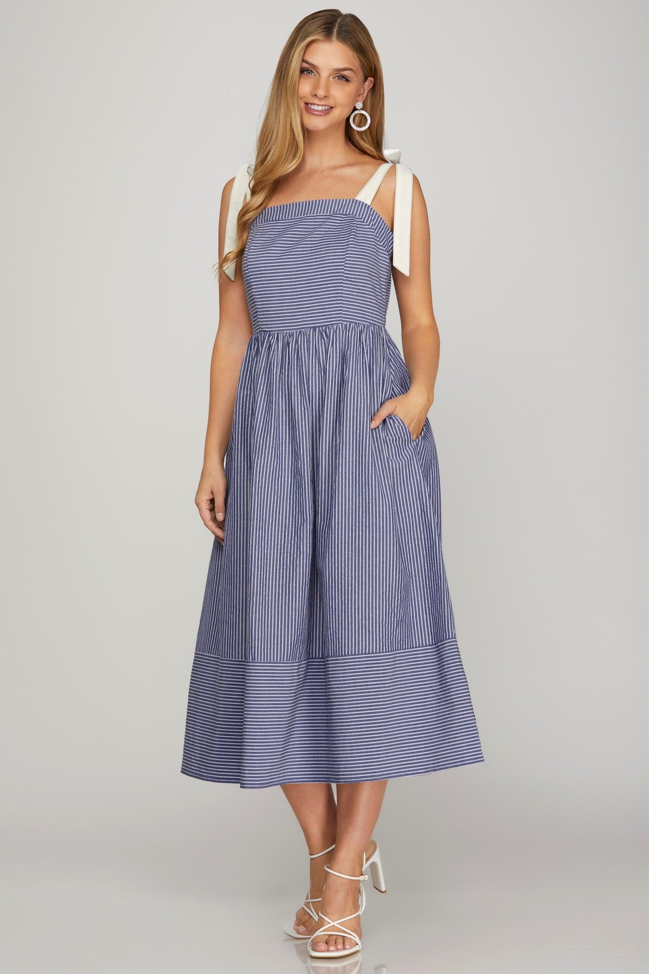 Striped Midi Dress with Contrast Ribbon Ties - Dress