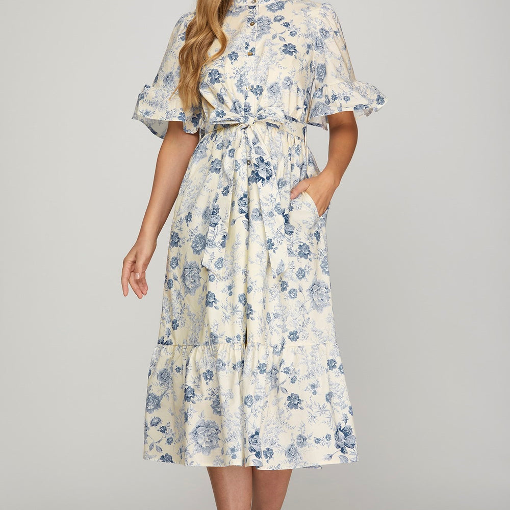 Bluebell Charm Ruffle Sleeve Button-Down Midi Dress - Dress