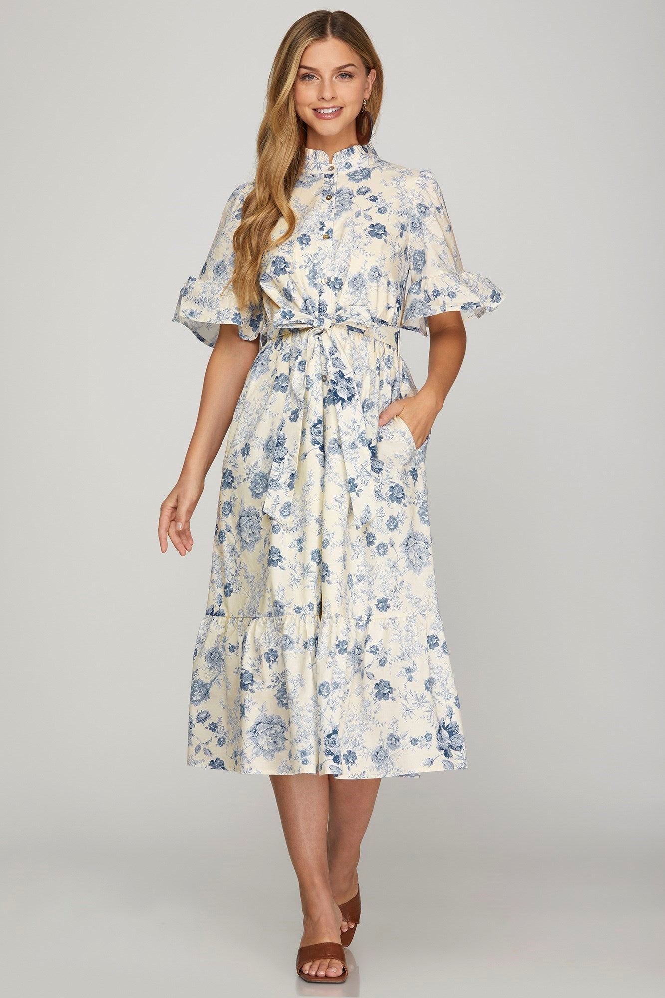 Bluebell Charm Ruffle Sleeve Button-Down Midi Dress - Dress