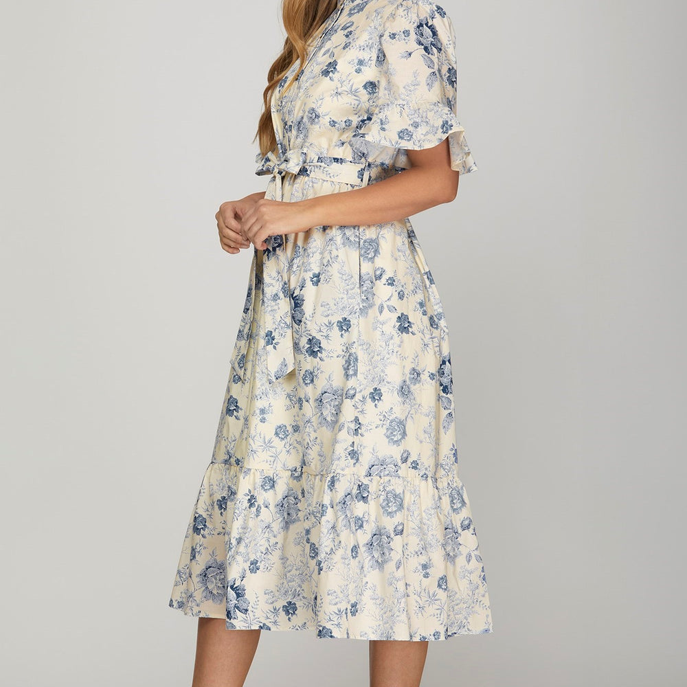 Bluebell Charm Ruffle Sleeve Button-Down Midi Dress - Dress