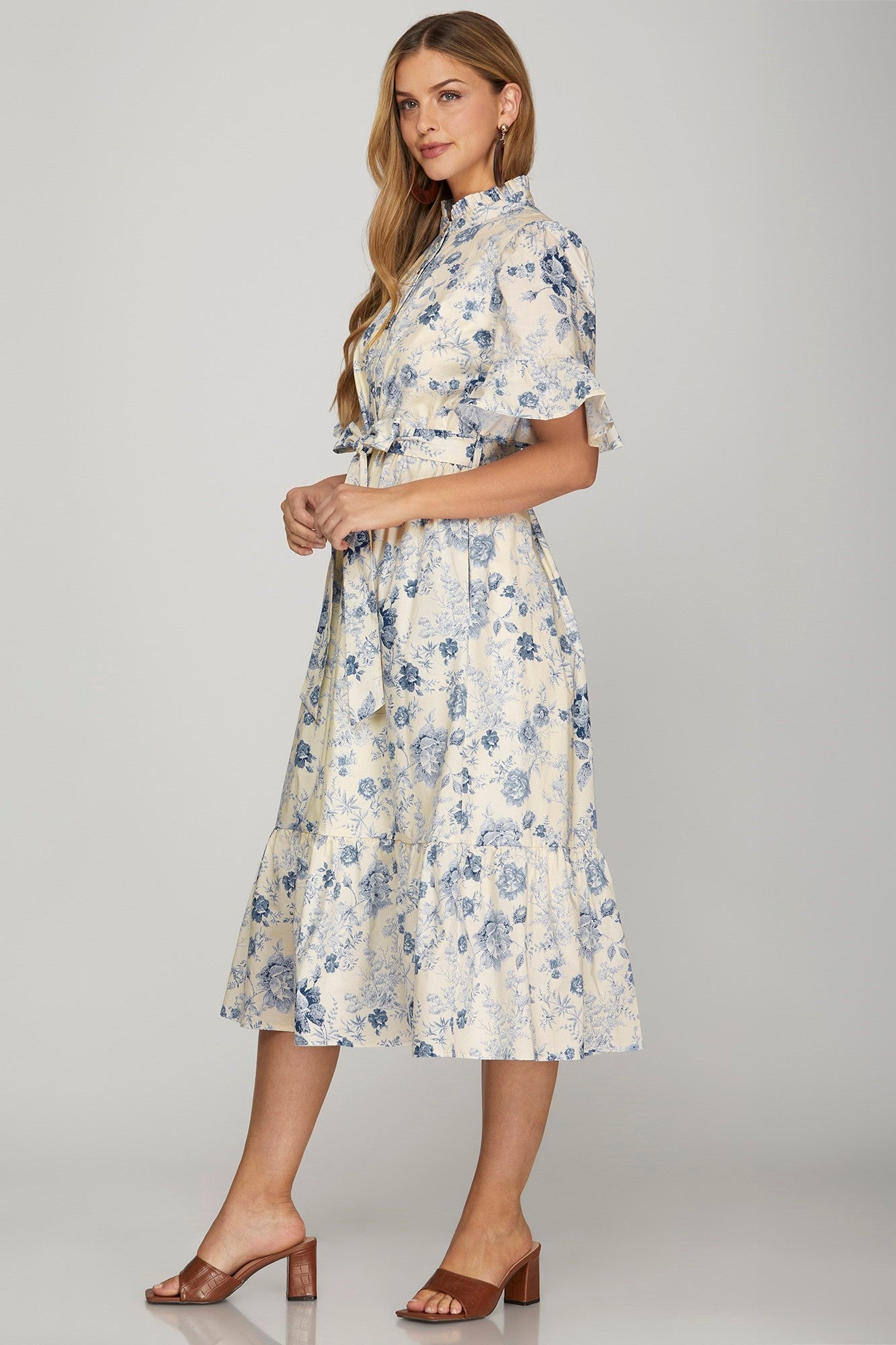 Bluebell Charm Ruffle Sleeve Button-Down Midi Dress - Dress