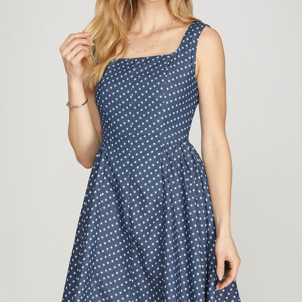 Sleeveless Star Printed Chambray Mini Dress - Dress